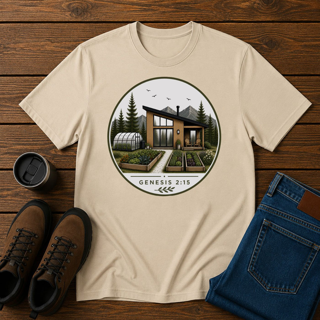 Genesis 2:15 Homestead Badge | Steward the Land Christian T-Shirt | Simple Living Faith Tee