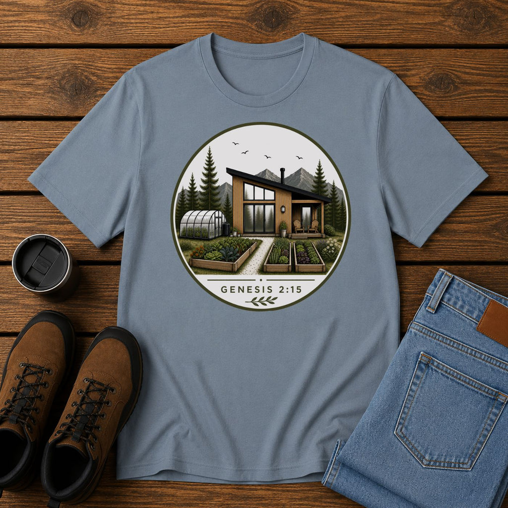Genesis 2:15 Homestead Badge | Steward the Land Christian T-Shirt | Simple Living Faith Tee