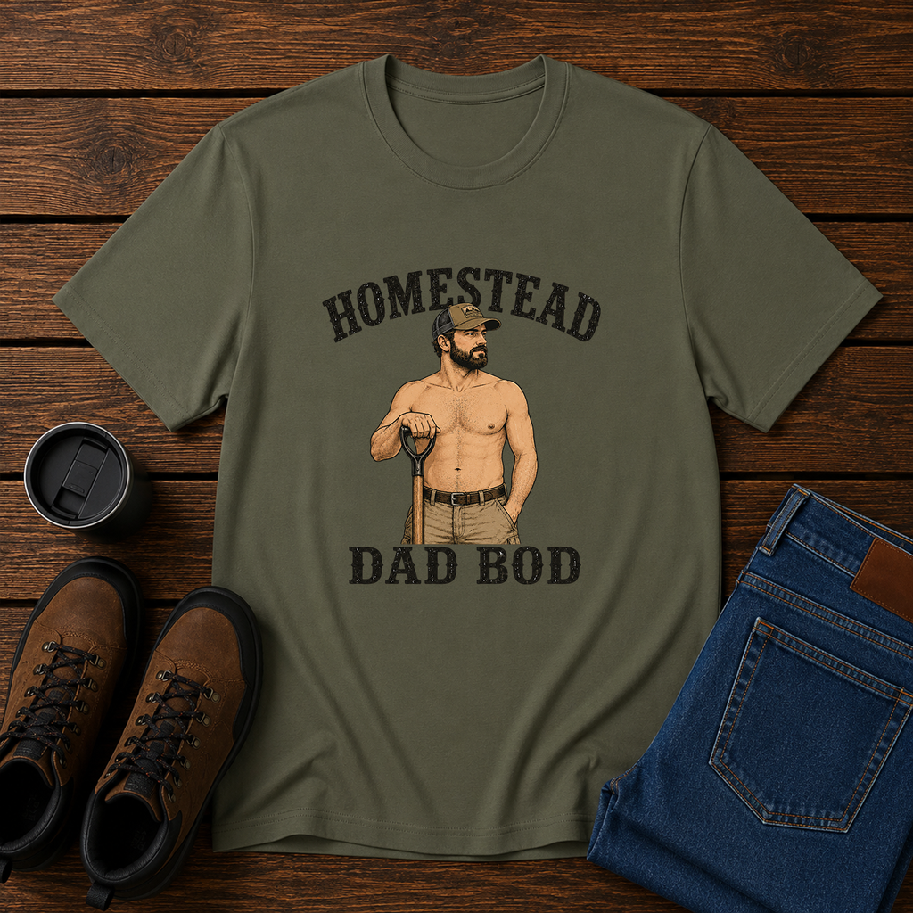 Homestead Dad Bod | Funny Shirtless Farm Work T-Shirt | Rustic Husband Tee