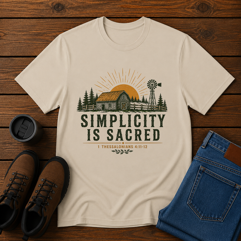 Simplicity Is Sacred | Barn and Field Homestead T-Shirt | Christian Simple Living Tee