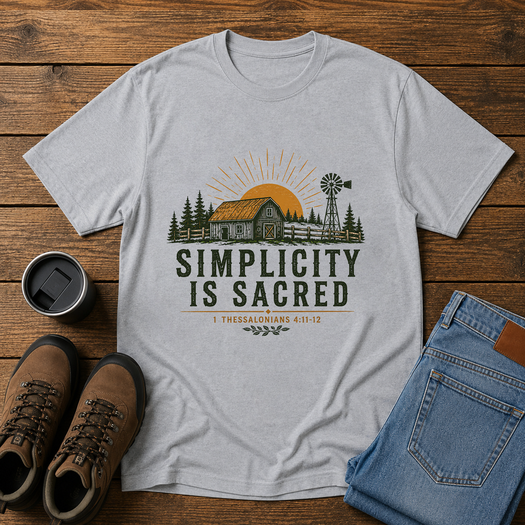 Simplicity Is Sacred | Barn and Field Homestead T-Shirt | Christian Simple Living Tee