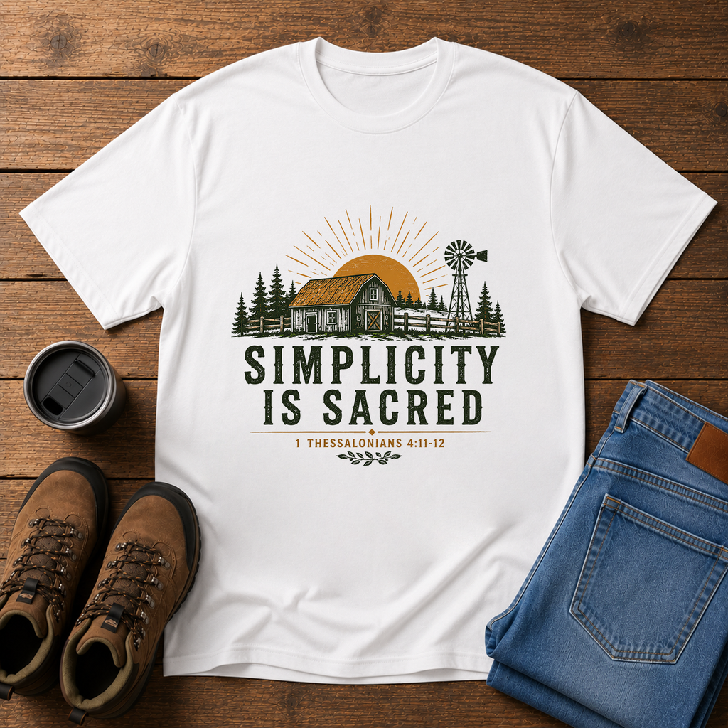 Simplicity Is Sacred | Barn and Field Homestead T-Shirt | Christian Simple Living Tee