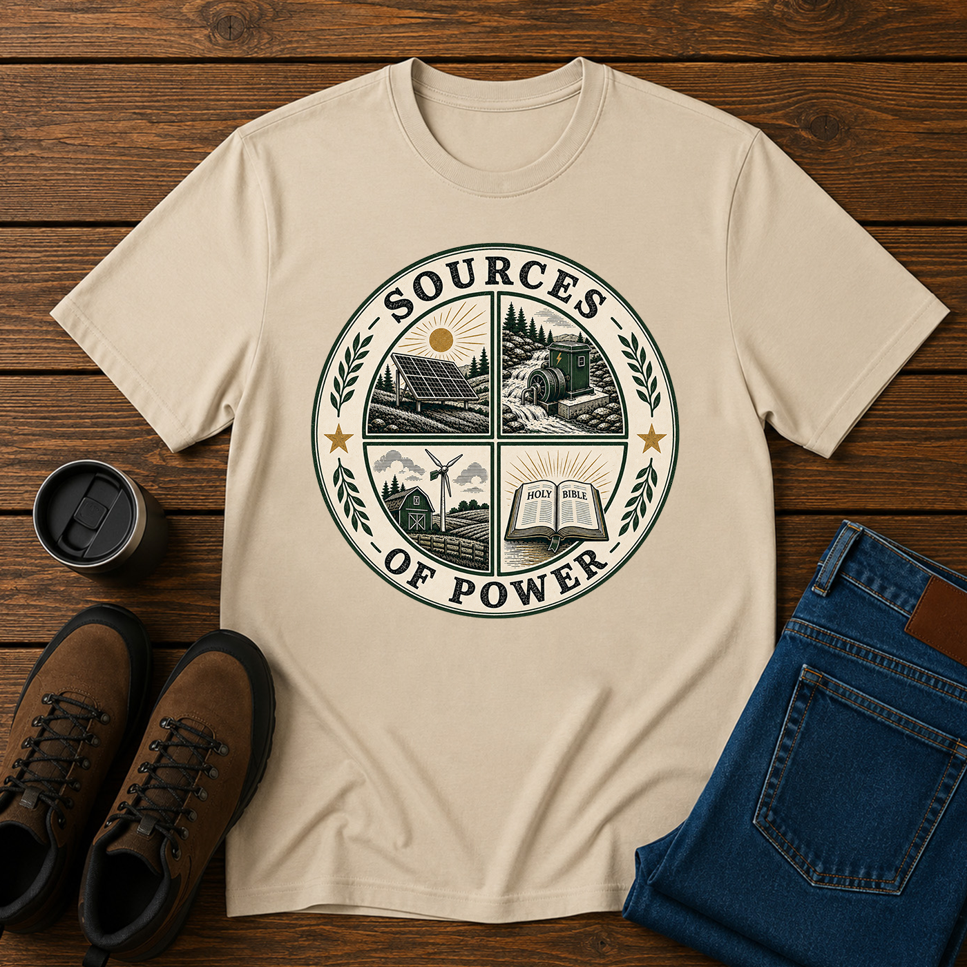 Sources of Power | Wind Water Solar Bible T-Shirt | Christian Stewardship Tee