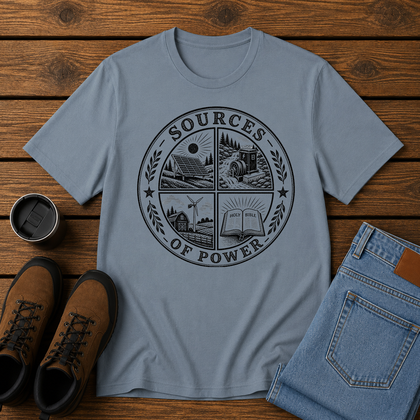 Sources of Power | Wind Water Solar Bible T-Shirt | Christian Stewardship Tee