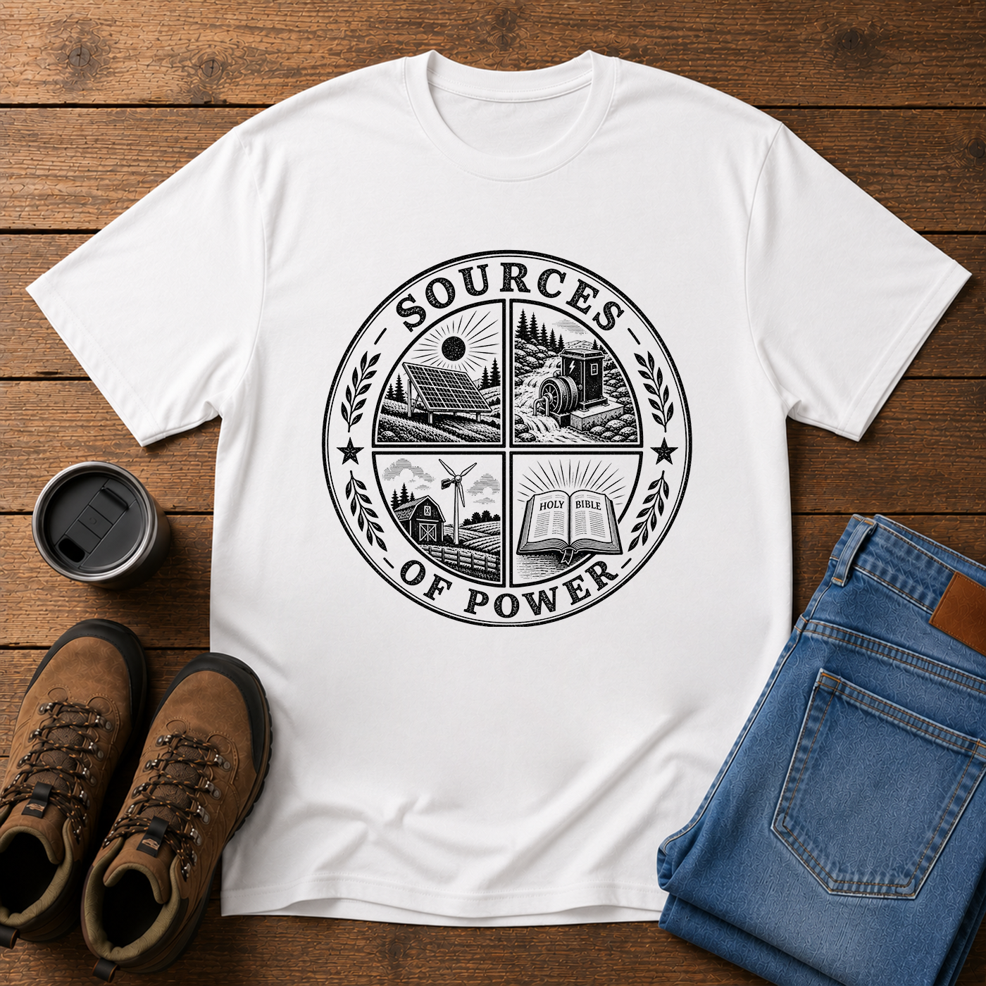 Sources of Power | Wind Water Solar Bible T-Shirt | Christian Stewardship Tee