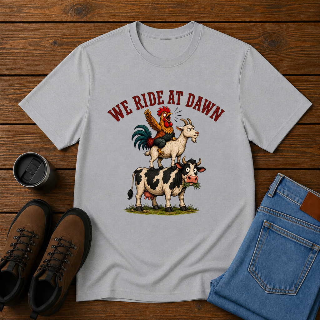 We Ride at Dawn | Funny Farm Animal T-Shirt | Morning Chores Tee