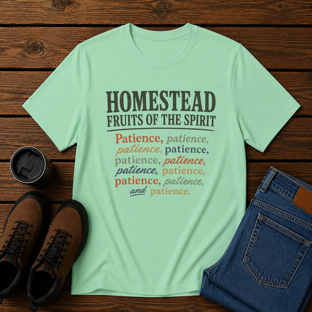 Homestead Fruits of the Spirit | Funny Christian Homestead T-Shirt | Patience Tee