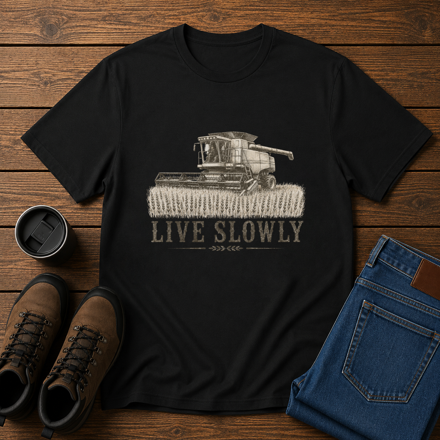 Live Slowly | Farm Life T-Shirt | Vintage Combine Harvest Tee