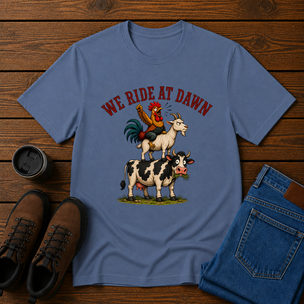 We Ride at Dawn | Funny Farm Animal T-Shirt | Morning Chores Tee