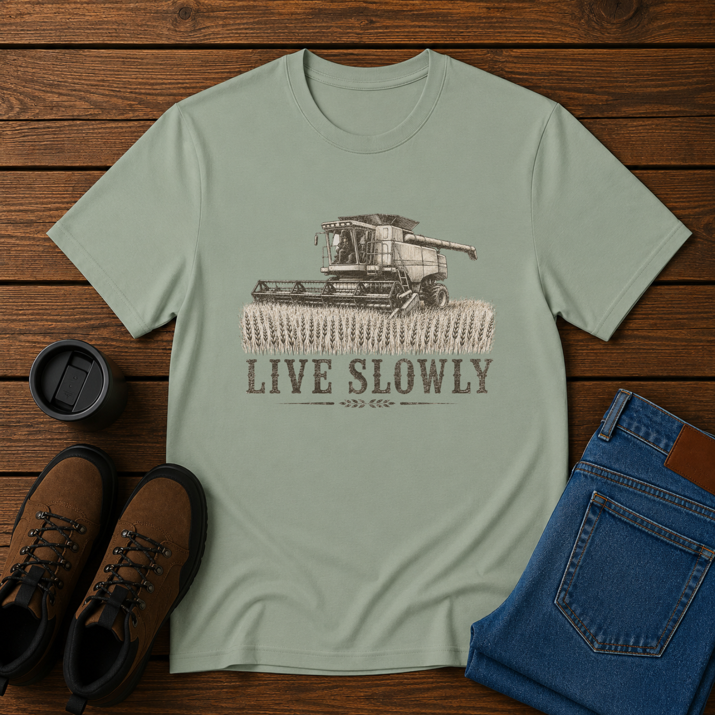 Live Slowly | Farm Life T-Shirt | Vintage Combine Harvest Tee