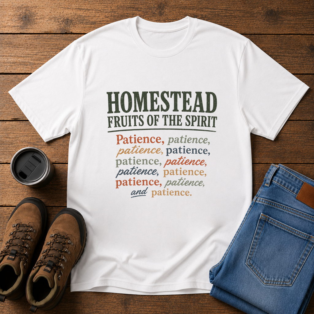 Homestead Fruits of the Spirit | Funny Christian Homestead T-Shirt | Patience Tee